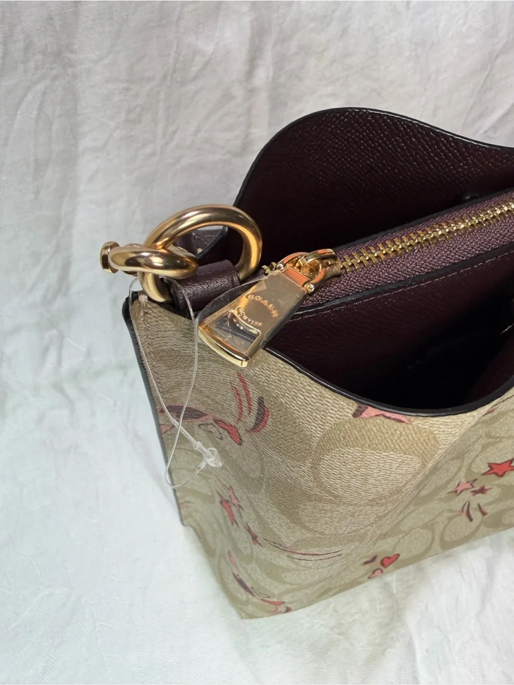Coach Beige Signature Canvas Tote with Pink & Red Heart Print